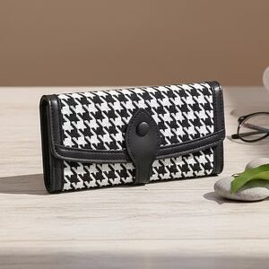 BY:KY Black Houndstooth Pattern Faux Leather Wallet, Factory Sealed